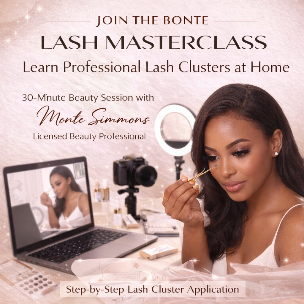 Advertisement for Bonte Lash Masterclass featuring a woman applying eyelashes with a camera and laptop setup.
